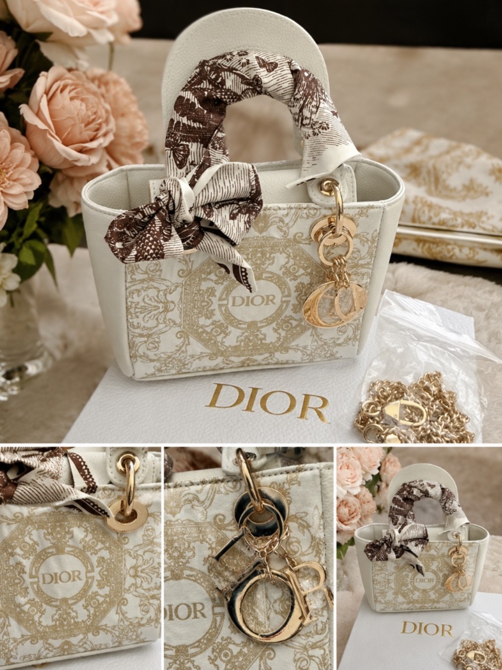 Dior Lady Bag with crossbody chain, twilly,lettered bag charm and gift box VIP